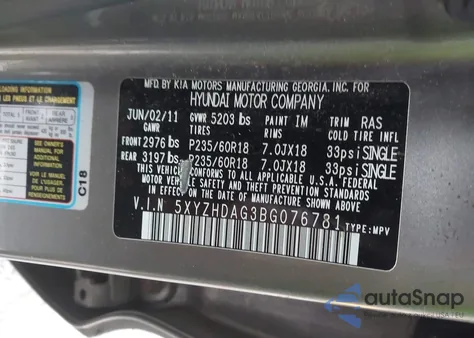 2011 Hyundai Santa Fe Se z USA, uszkodzony, nr VIN 5XYZHDAG3BG076781